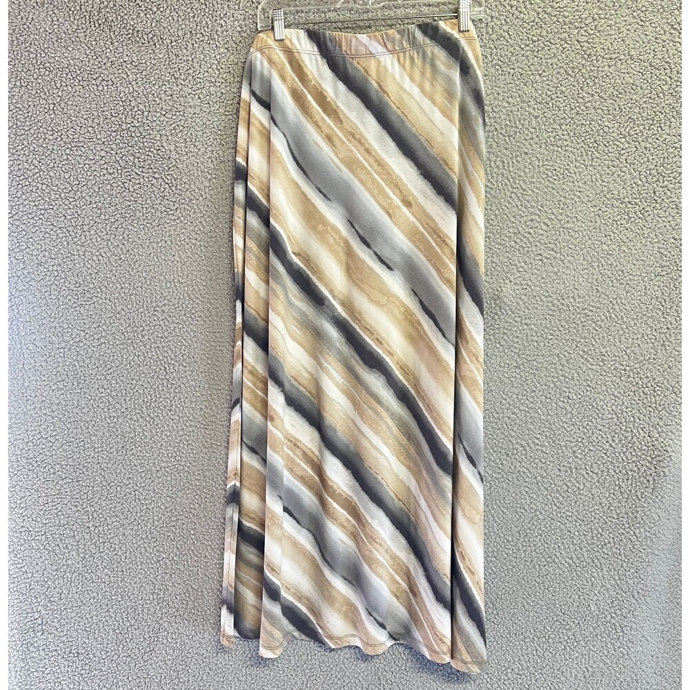 SUSAN GRAVER Skirt Women XL Taupe Gray Midi Elastic Waist Diagonal Stripe Office
